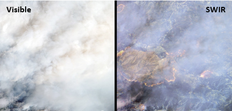 satellite visible and swir image of wildfire